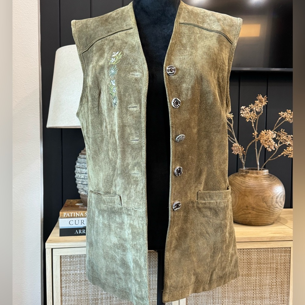 Vintage Alphorn Embroidered Suede leather Vest
